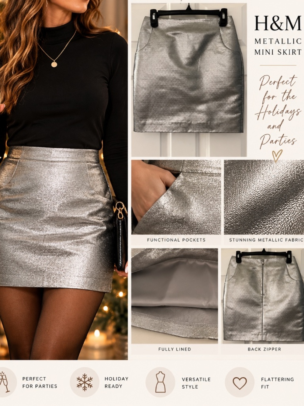 H&M Metallic Silver Mini Skirt Size 6 | Fully Lined | Holiday Party